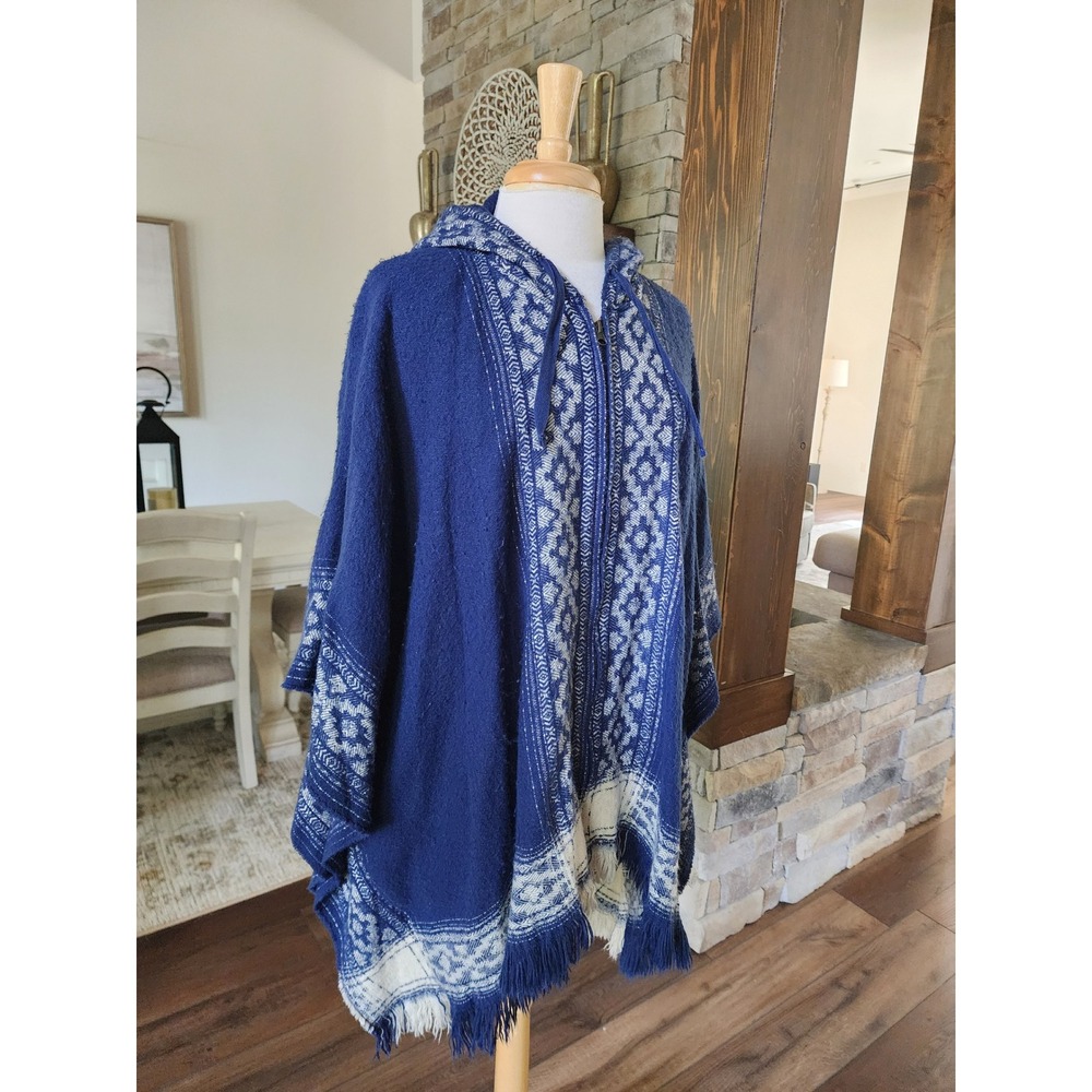 Navy Blue Geometric Knit Hooded Zip Up Poncho Fringe Hem Western One Size